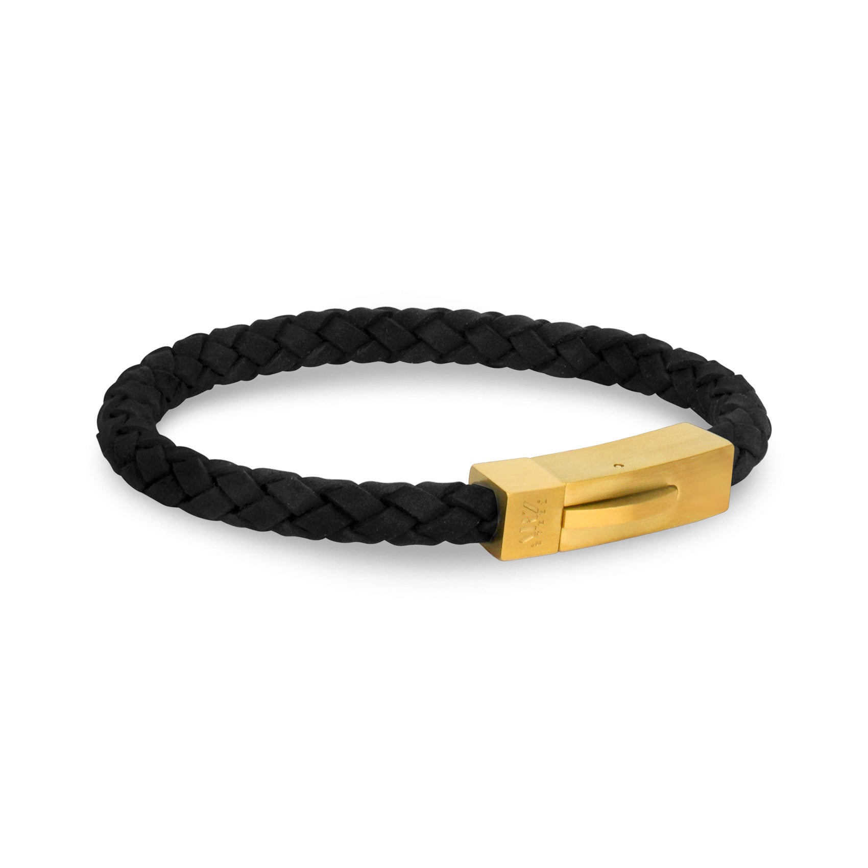 Contemporary black braided leather bracelet featuring a durable and refined stainless steel clasp