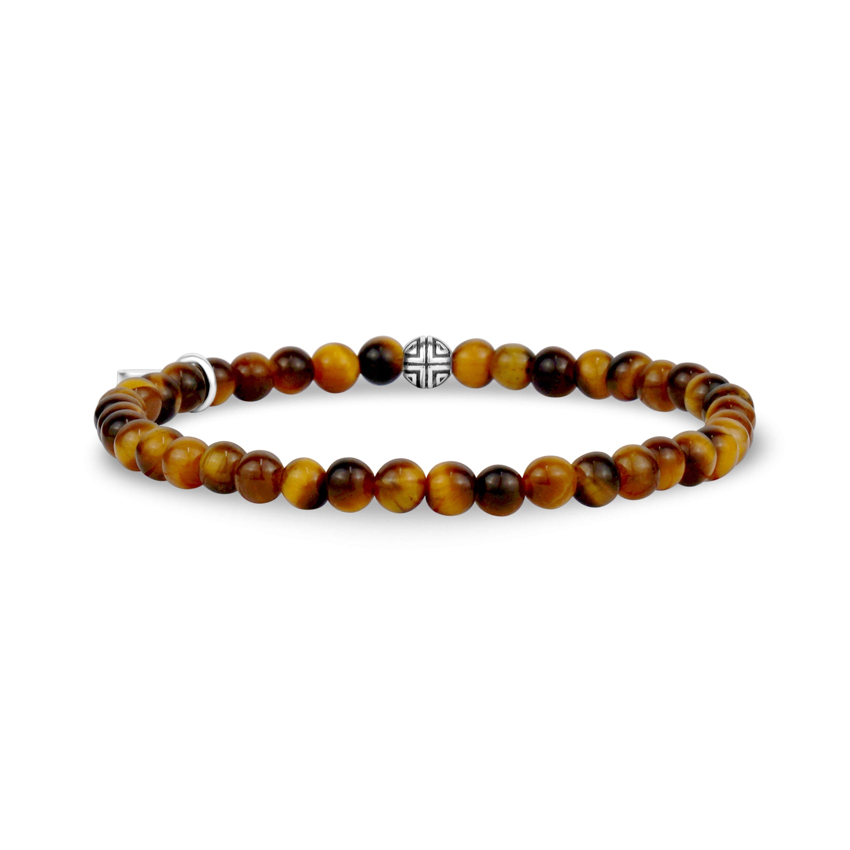 Elegant mix of black stainless steel and earthy tones with leather and natural Tiger Eye beads  