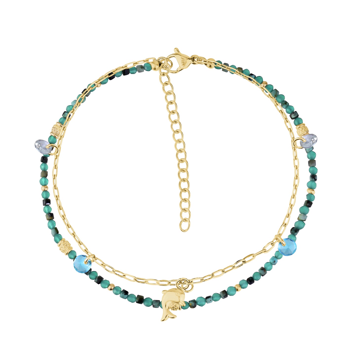 Dauphin gold anklet featuring turquoise and black glass beads on a gold stainless steel chain with a dauphin charm and adjustable clasp.