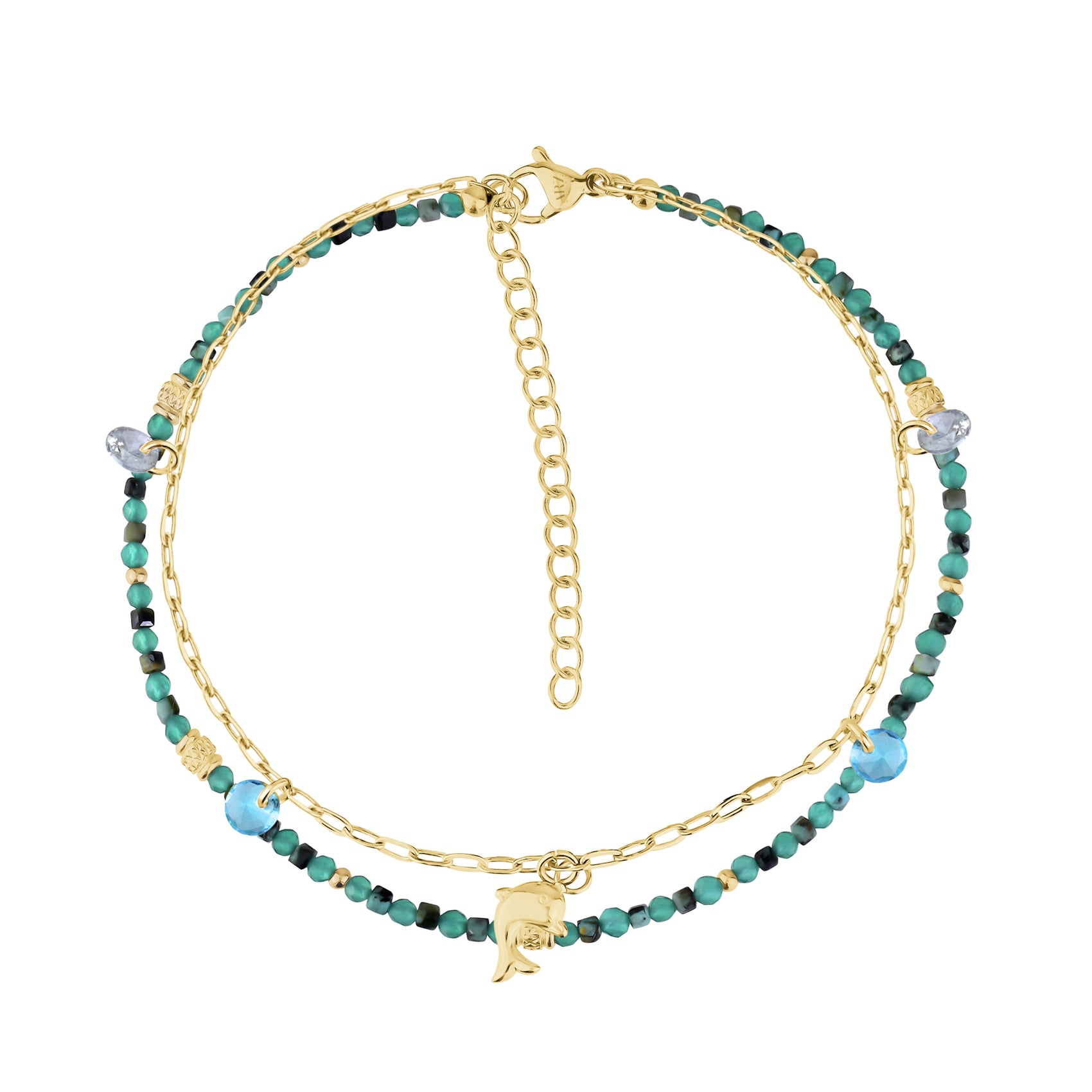 Dauphin gold anklet featuring turquoise and black glass beads on a gold stainless steel chain with a dauphin charm and adjustable clasp.