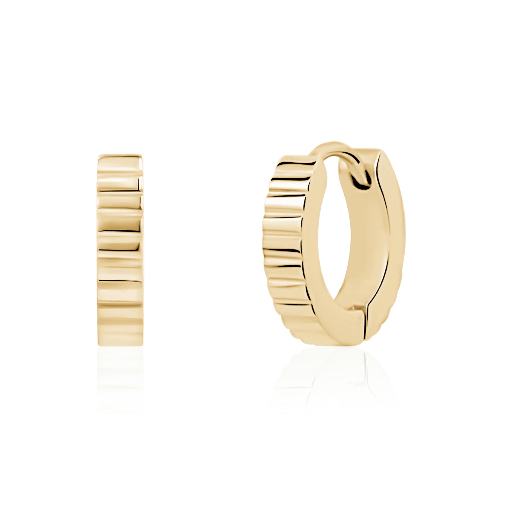 Unisex rippled stainless steel huggie earrings displayed on a white background  
