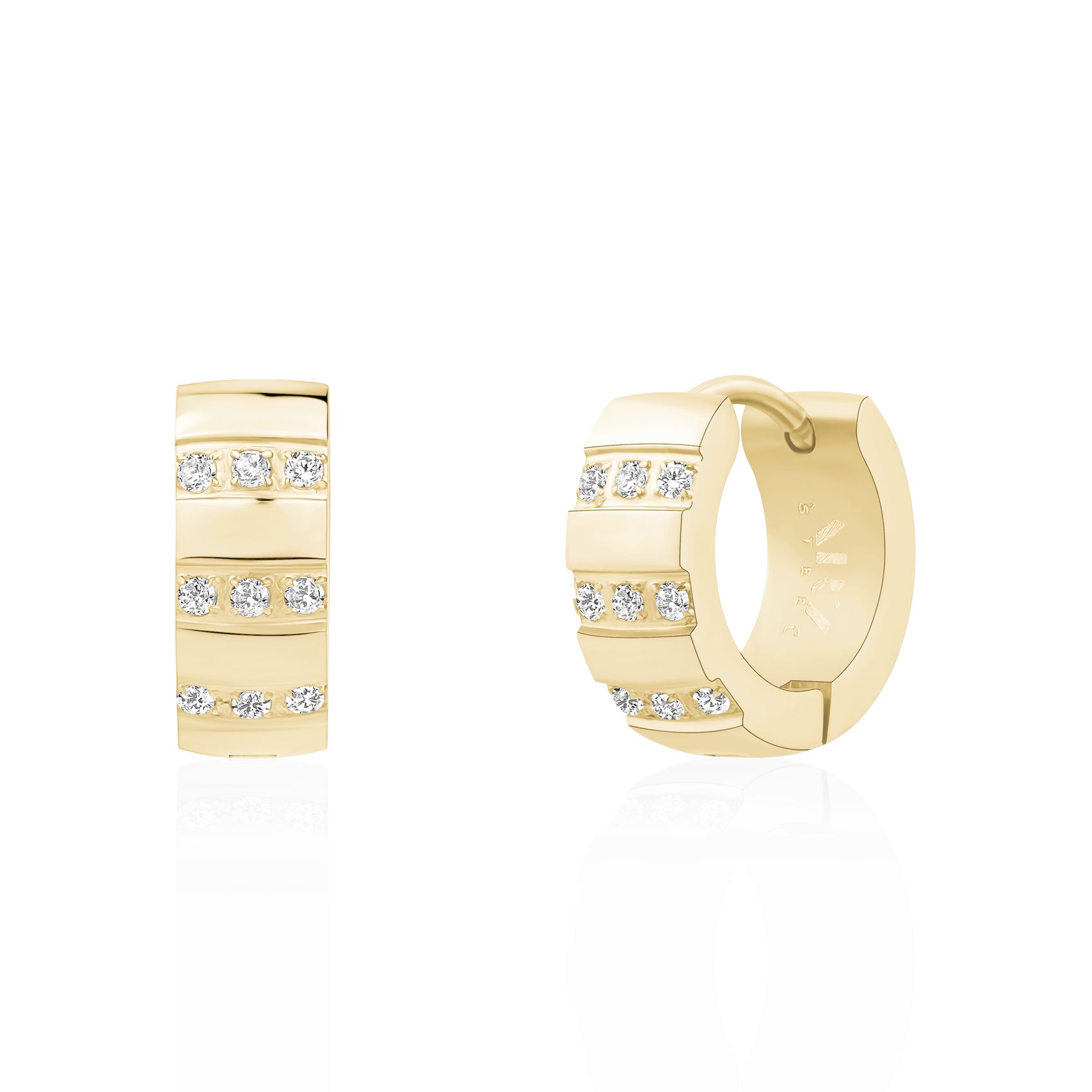 Close-up of high-quality stainless steel Bold Ice huggie earrings with polished cubic zirconia detailing