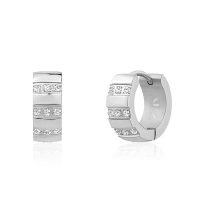 Pair of 5mm stainless steel huggie earrings with three rows of cubic zirconia for subtle sparkle  