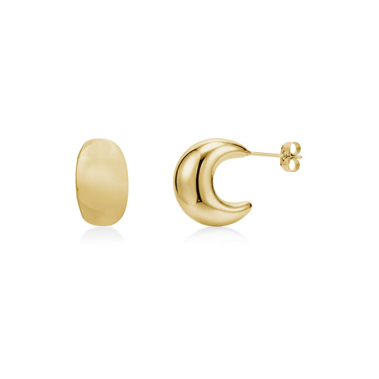 Gold polished crescent earrings with smooth bold design and butterfly backings