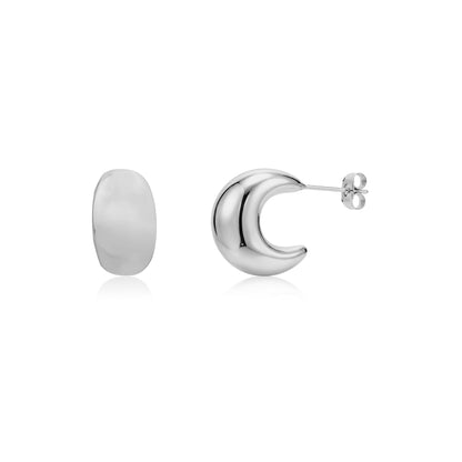 Silver polished crescent earrings with smooth bold design and butterfly backings