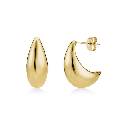 Polished gold sculpted teardrop earrings with curved shape and post back closure