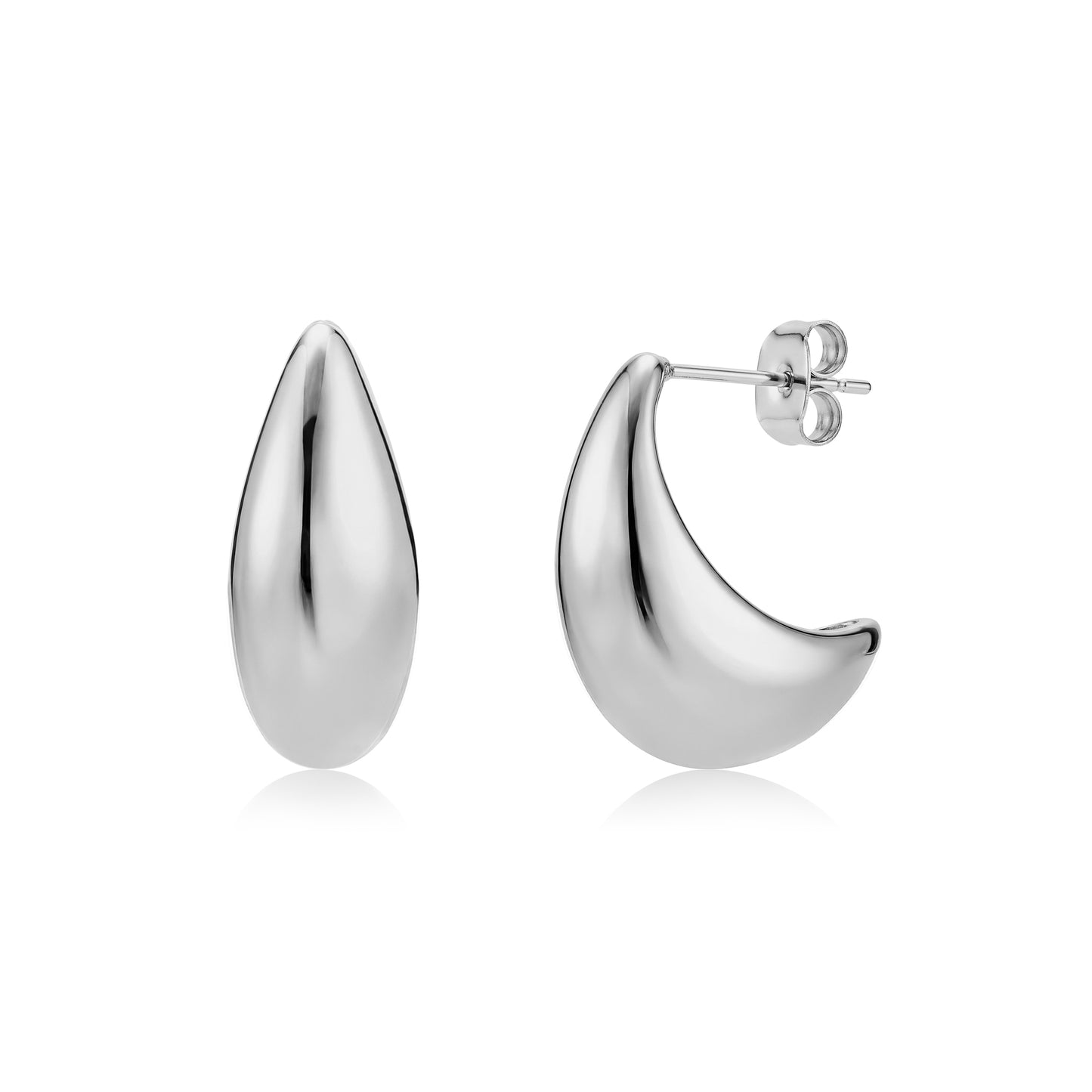 Polished silver sculpted teardrop earrings with curved shape and post back closure
