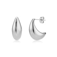 Polished silver sculpted teardrop earrings with curved shape and post back closure