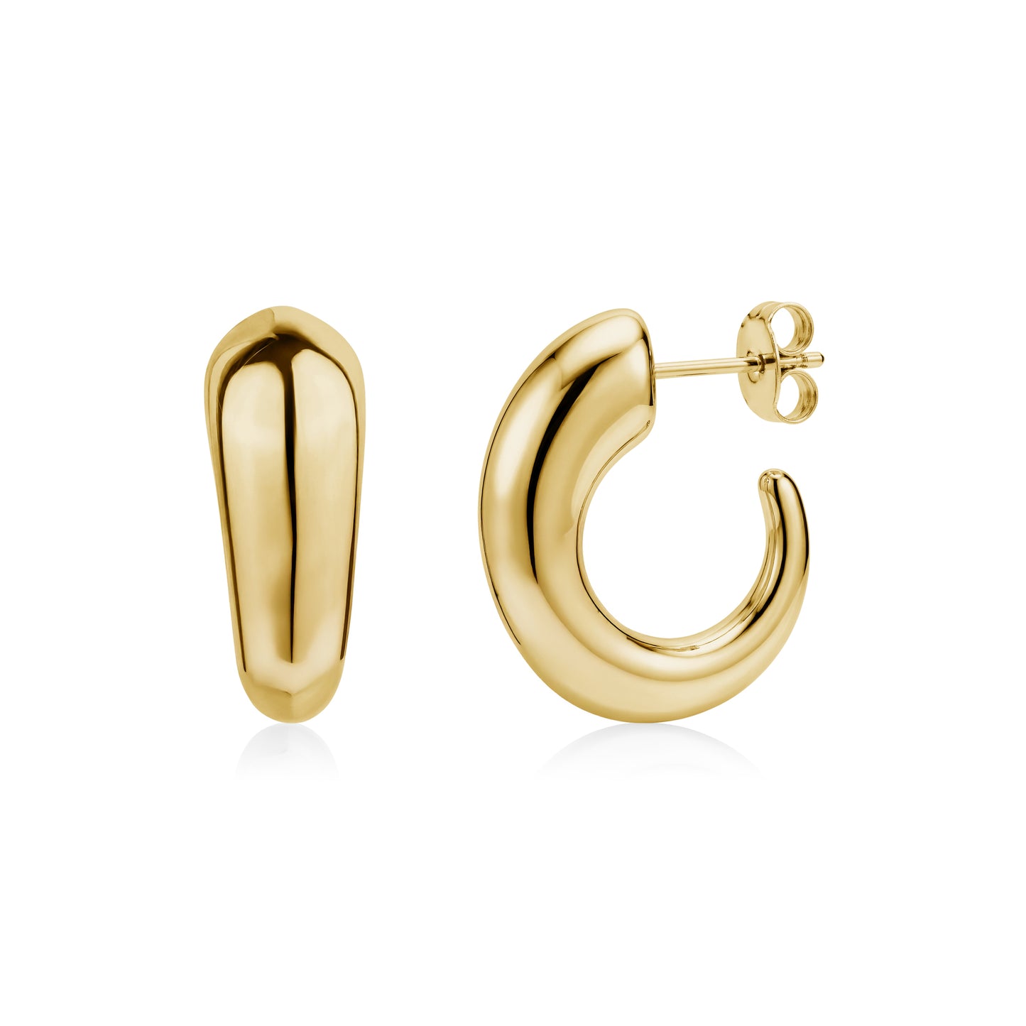 Pair of gold polished stainless steel bold arc earrings with post-back closure showing front and side views