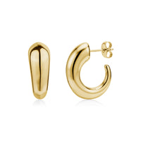 Pair of gold polished stainless steel bold arc earrings with post-back closure showing front and side views