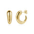 Pair of gold polished stainless steel bold arc earrings with post-back closure showing front and side views