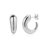 Pair of silver polished stainless steel bold arc earrings with post-back closure showing front and side views