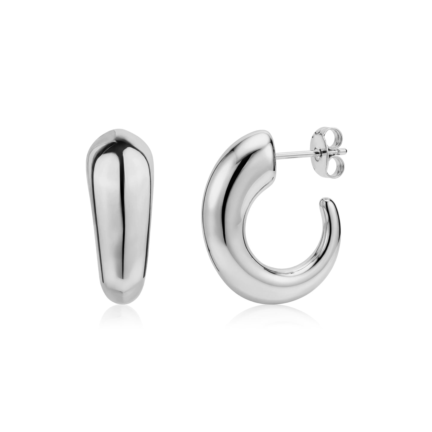 Pair of silver polished stainless steel bold arc earrings with post-back closure showing front and side views