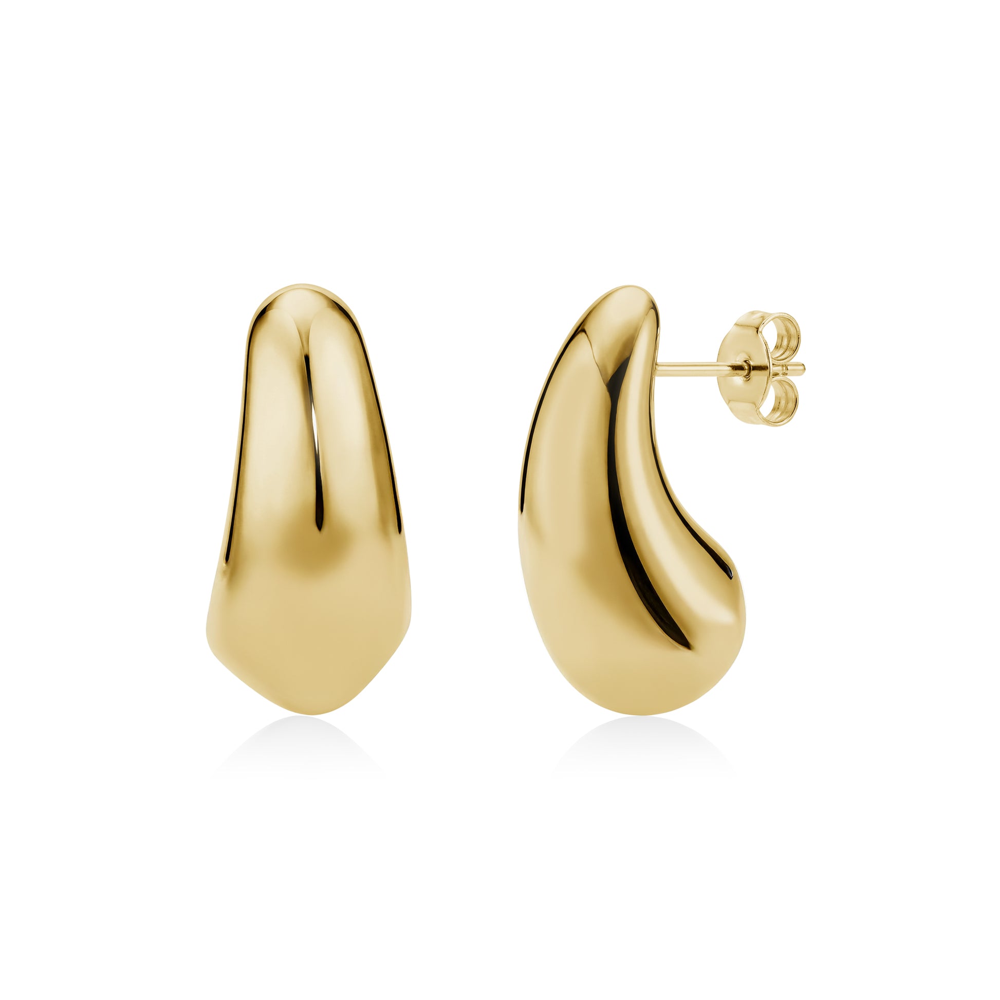 Polished gold bold fluid drop earrings with smooth organic curves and butterfly back closure