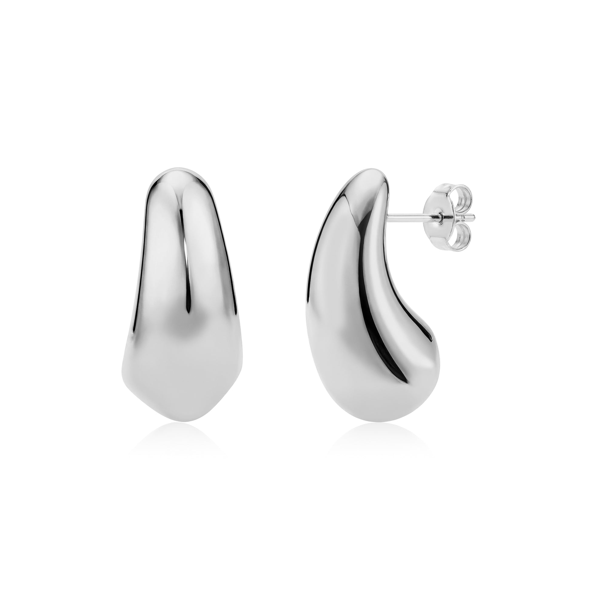 Polished silver bold fluid drop earrings with smooth organic curves and butterfly back closure