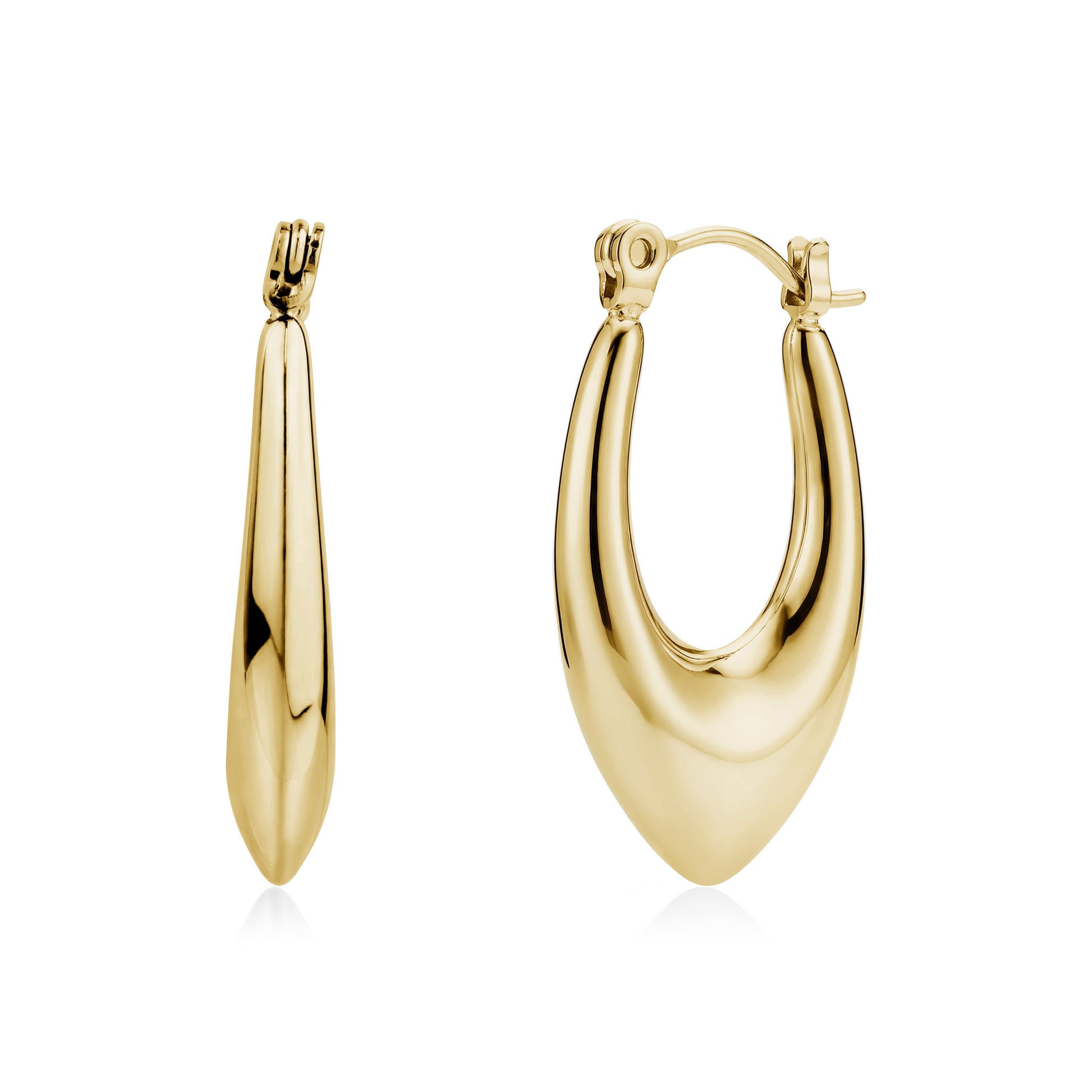 Gold polished Vortex Drop Hoop Earring with pointed teardrop shape, front and side views.
