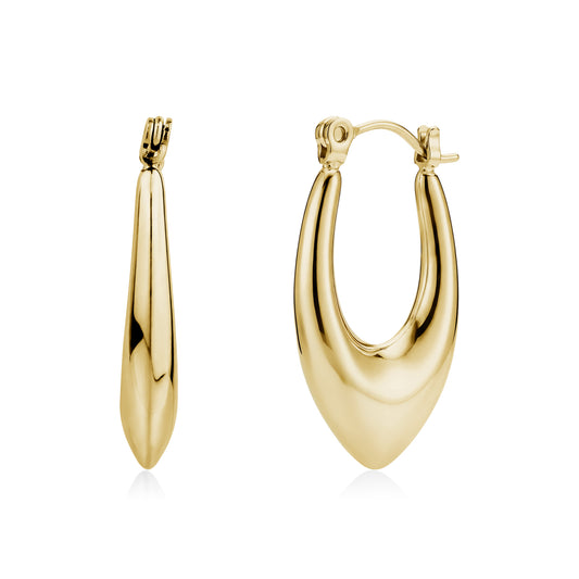 Gold polished Vortex Drop Hoop Earring with pointed teardrop shape, front and side views.