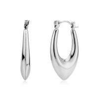 Silver polished Vortex Drop Hoop Earring with pointed teardrop shape, front and side views.