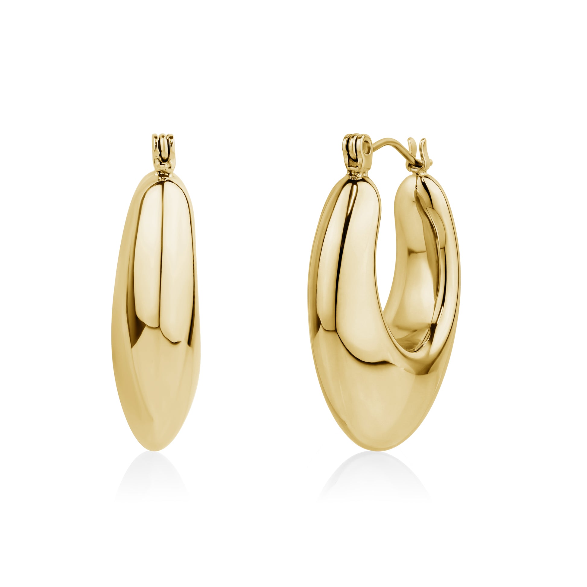 Polished gold-tone stainless steel oval statement hoop earrings, side and front views with secure clasp