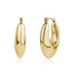 Polished gold-tone stainless steel oval statement hoop earrings, side and front views with secure clasp