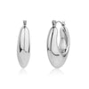 Polished stainless steel oval statement hoop earrings, front and side views showing 8mm width and 25mm height