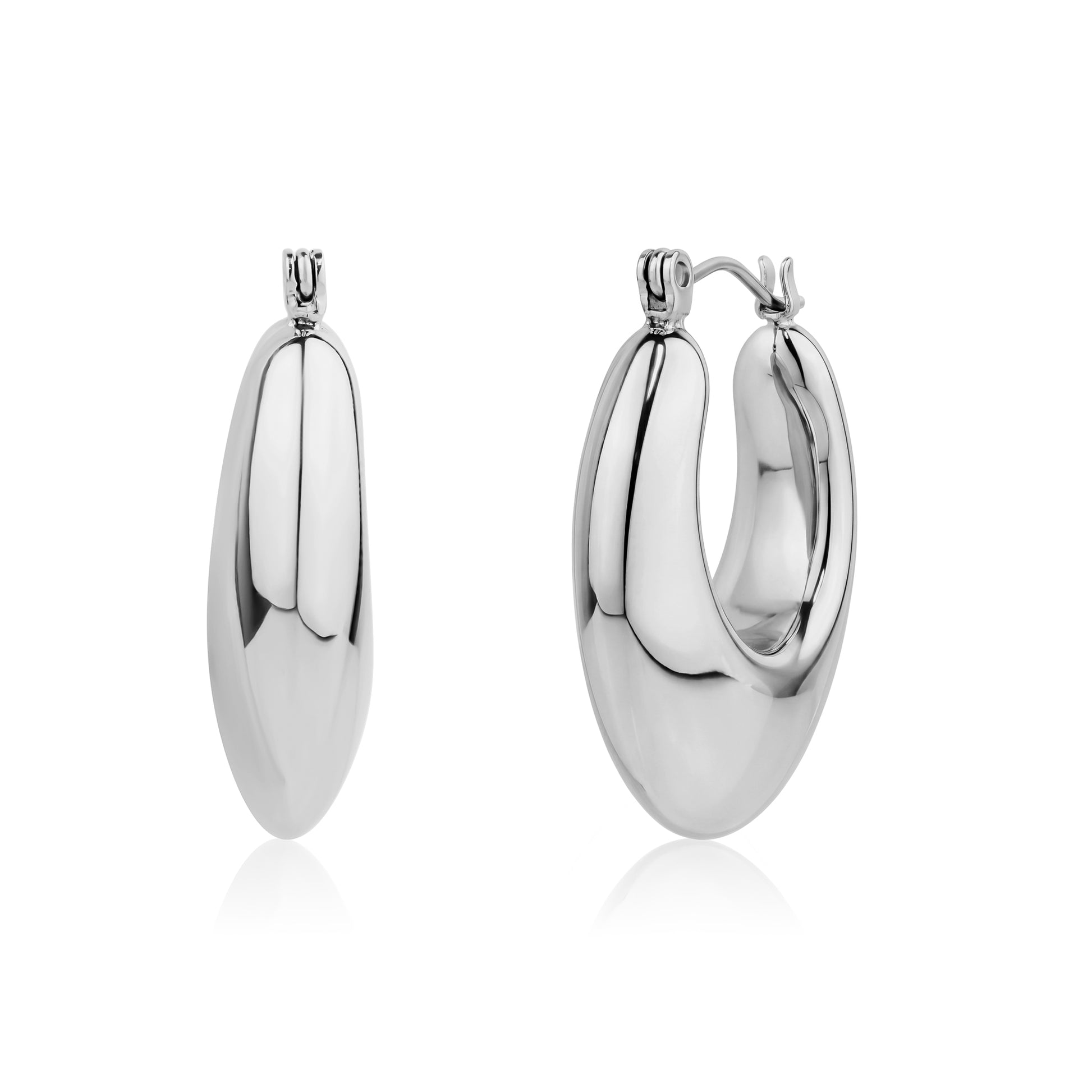 Polished stainless steel oval statement hoop earrings, front and side views showing 8mm width and 25mm height