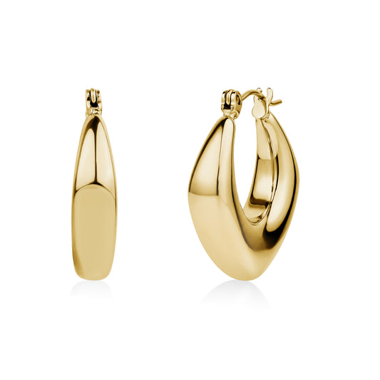 Gold modern diamond form hoop earrings, front and side views on white background
