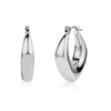 Silver modern diamond form hoop earrings, front and side views on white background