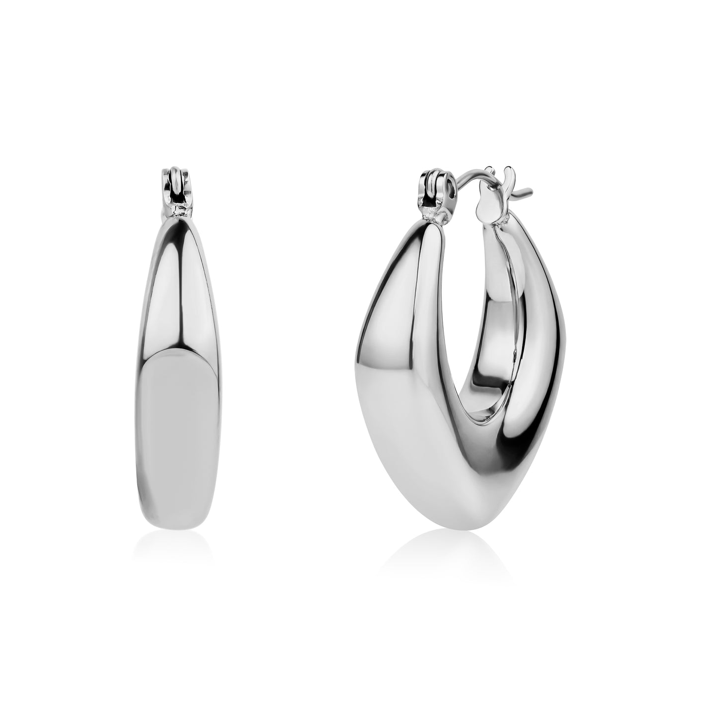 Silver modern diamond form hoop earrings, front and side views on white background