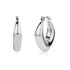 Silver modern diamond form hoop earrings, front and side views on white background