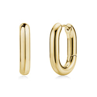 Polished thick oval hoop earrings in gold tone stainless steel, showing front and clasp details.