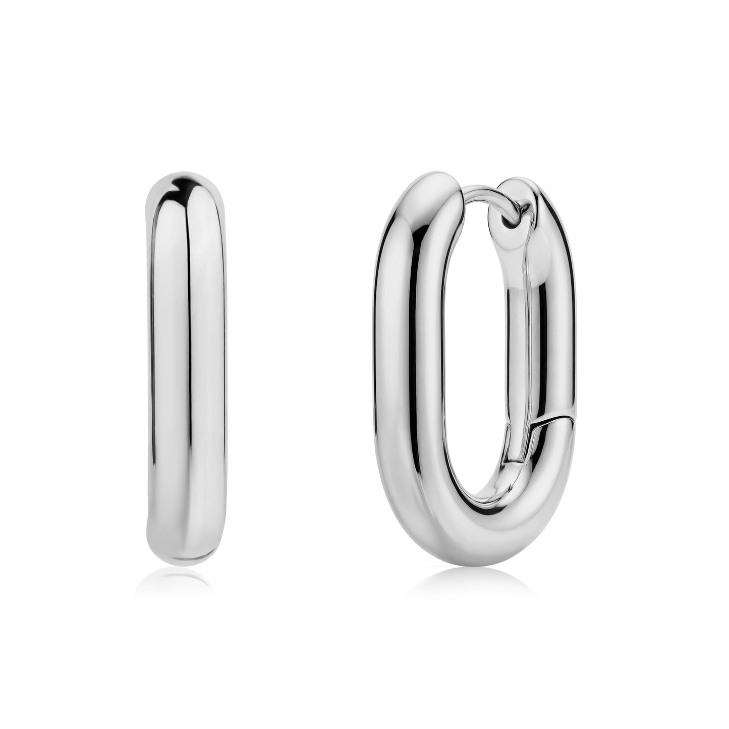 Polished thick oval hoop earrings in silver stainless steel, showing front and side views.
