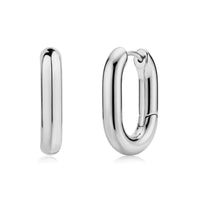 Polished thick oval hoop earrings in silver stainless steel, showing front and side views.