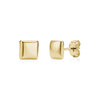 Polished gold domed square stud earrings, 6mm wide, side and front views.