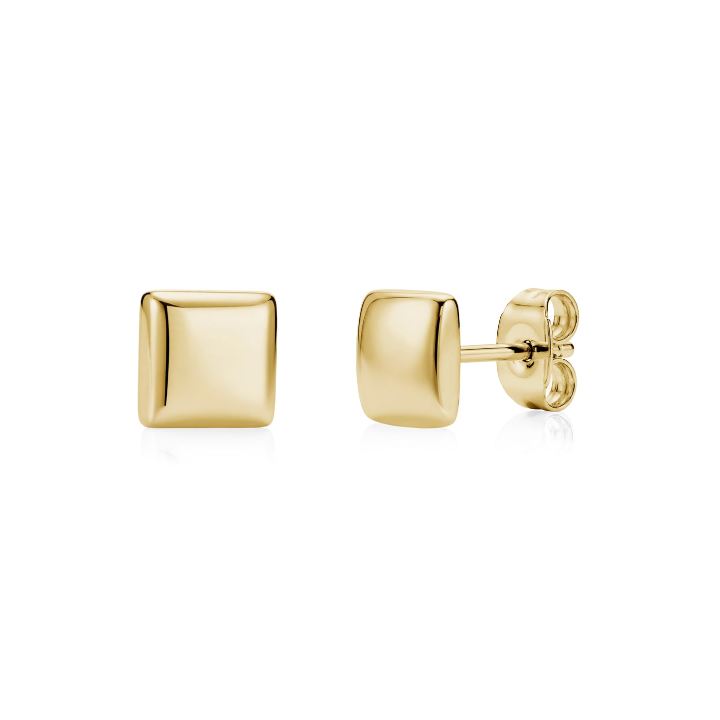 Polished gold domed square stud earrings, 6mm wide, side and front views.