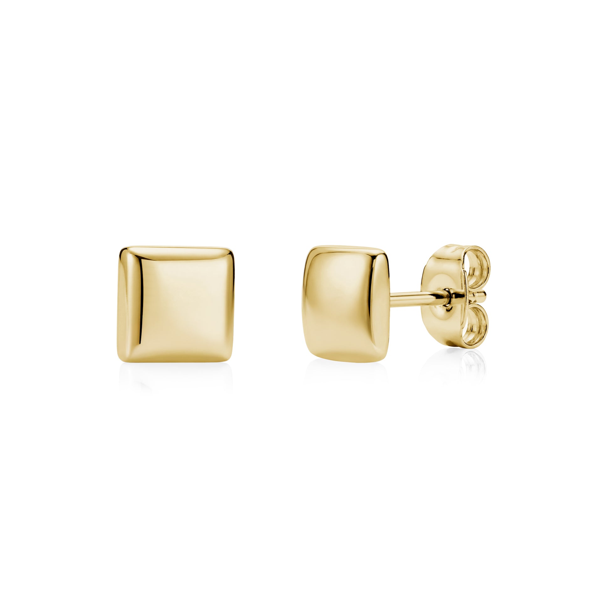 Polished gold domed square stud earrings, 6mm wide, side and front views.