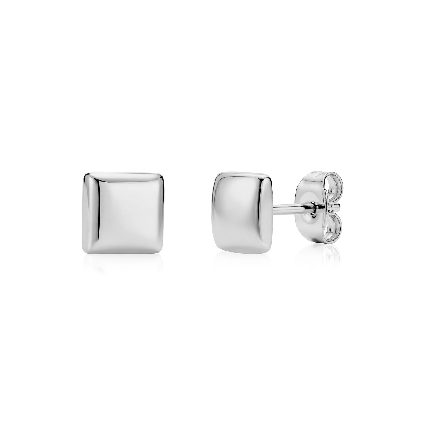 Polished silver domed square stud earrings, 6mm wide, side and front views.