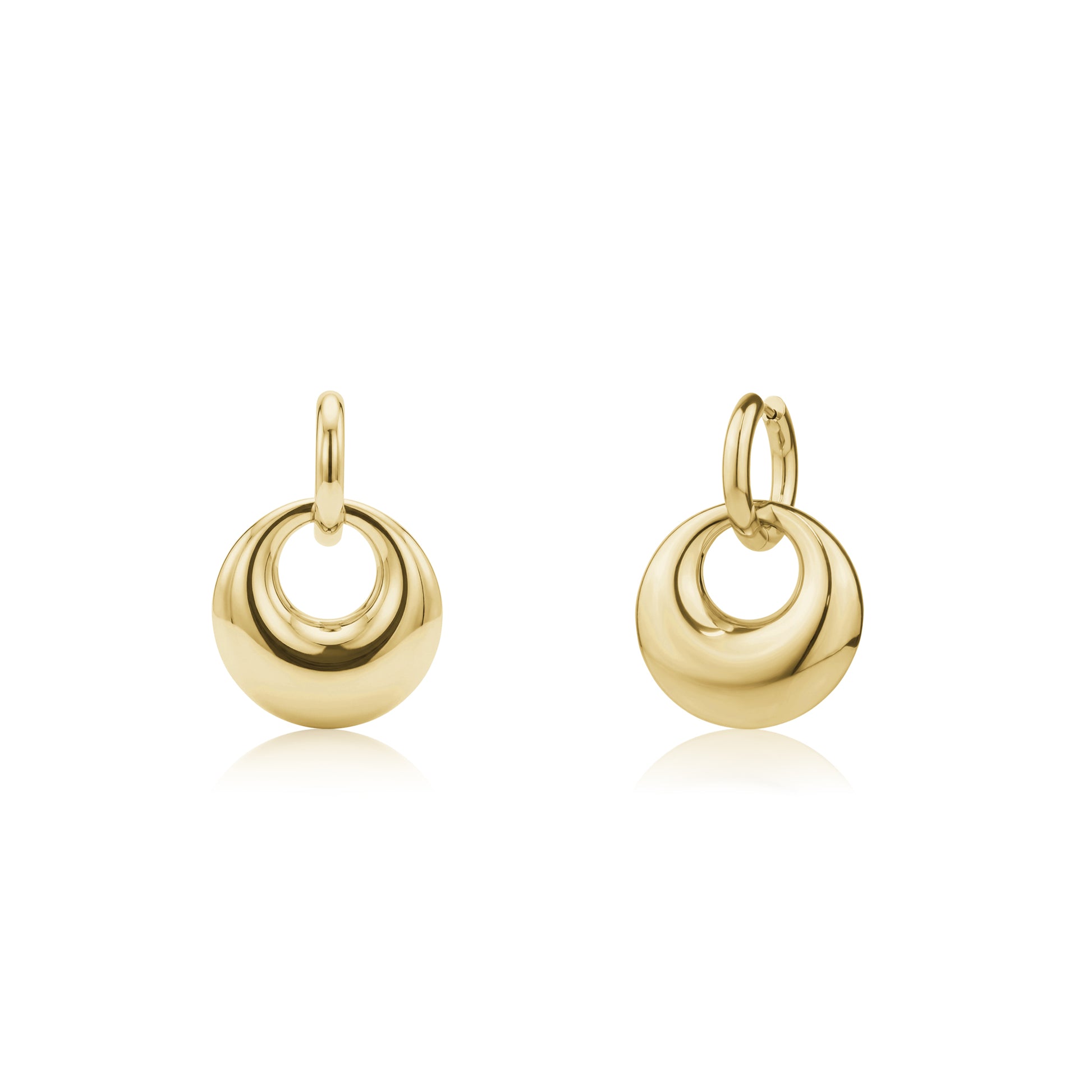 Gold chunky orbit drop earrings with 25mm wide orbs and hoop closures, polished stainless steel