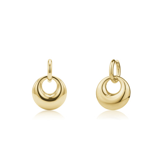 Gold chunky orbit drop earrings with 25mm wide orbs and hoop closures, polished stainless steel