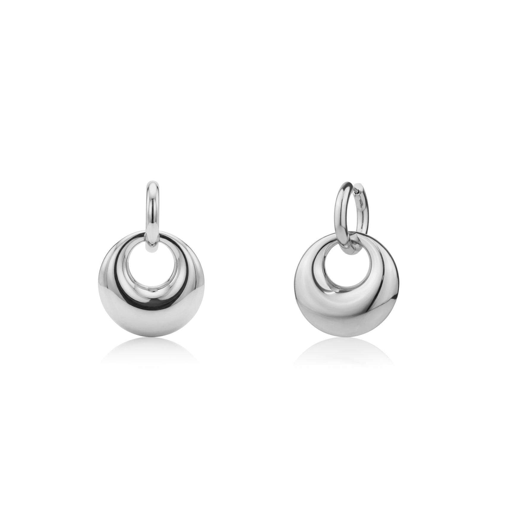 Silver chunky orbit drop earrings with 25mm wide orbs and hoop closures, polished stainless steel
