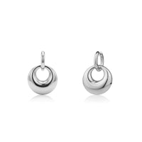 Silver chunky orbit drop earrings with 25mm wide orbs and hoop closures, polished stainless steel