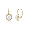 Gold round pearl leverback earrings with 8mm shell pearl, front and side view