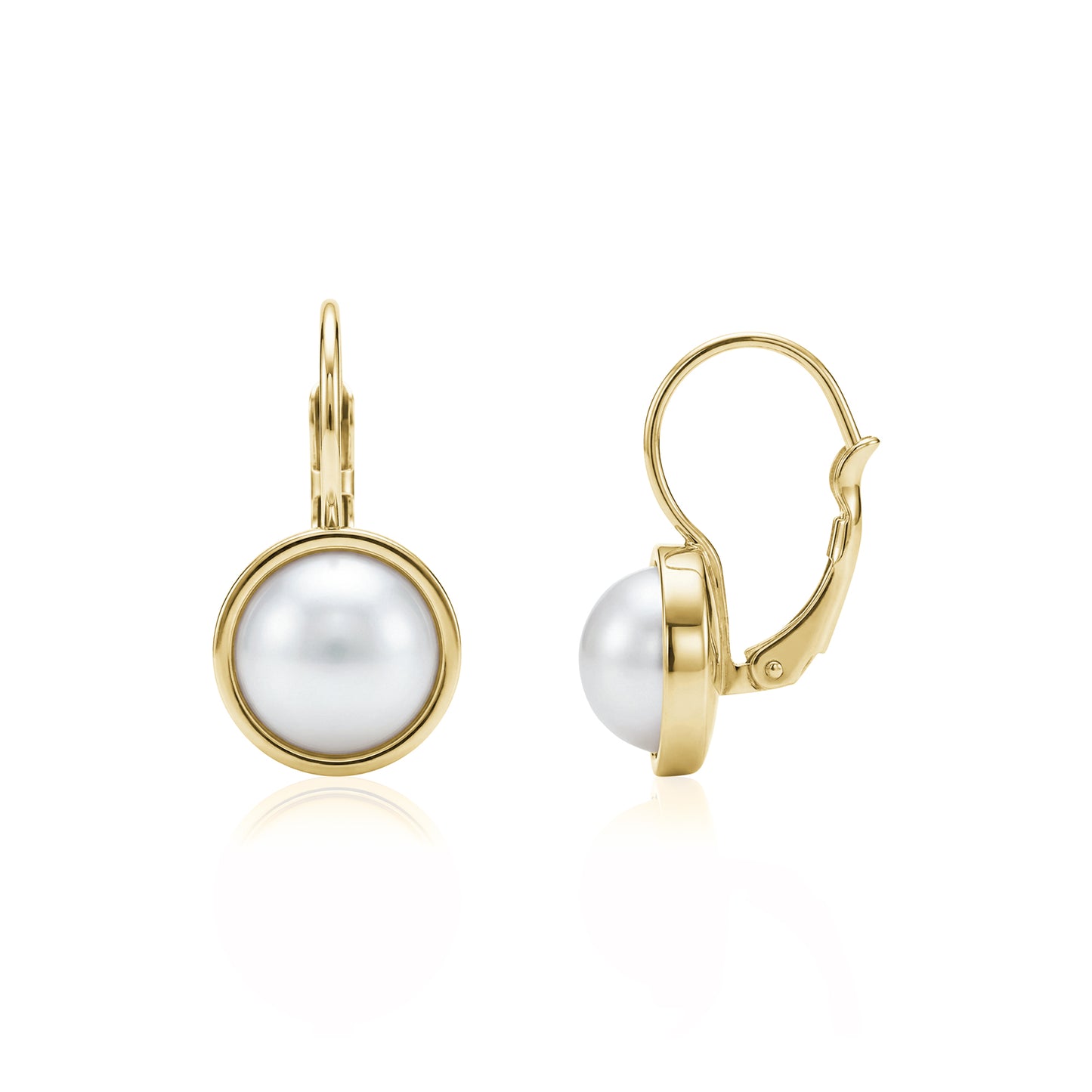 Gold round pearl leverback earrings with 8mm shell pearl, front and side view