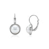 Silver round pearl leverback earrings with 8mm shell pearl, front and side view
