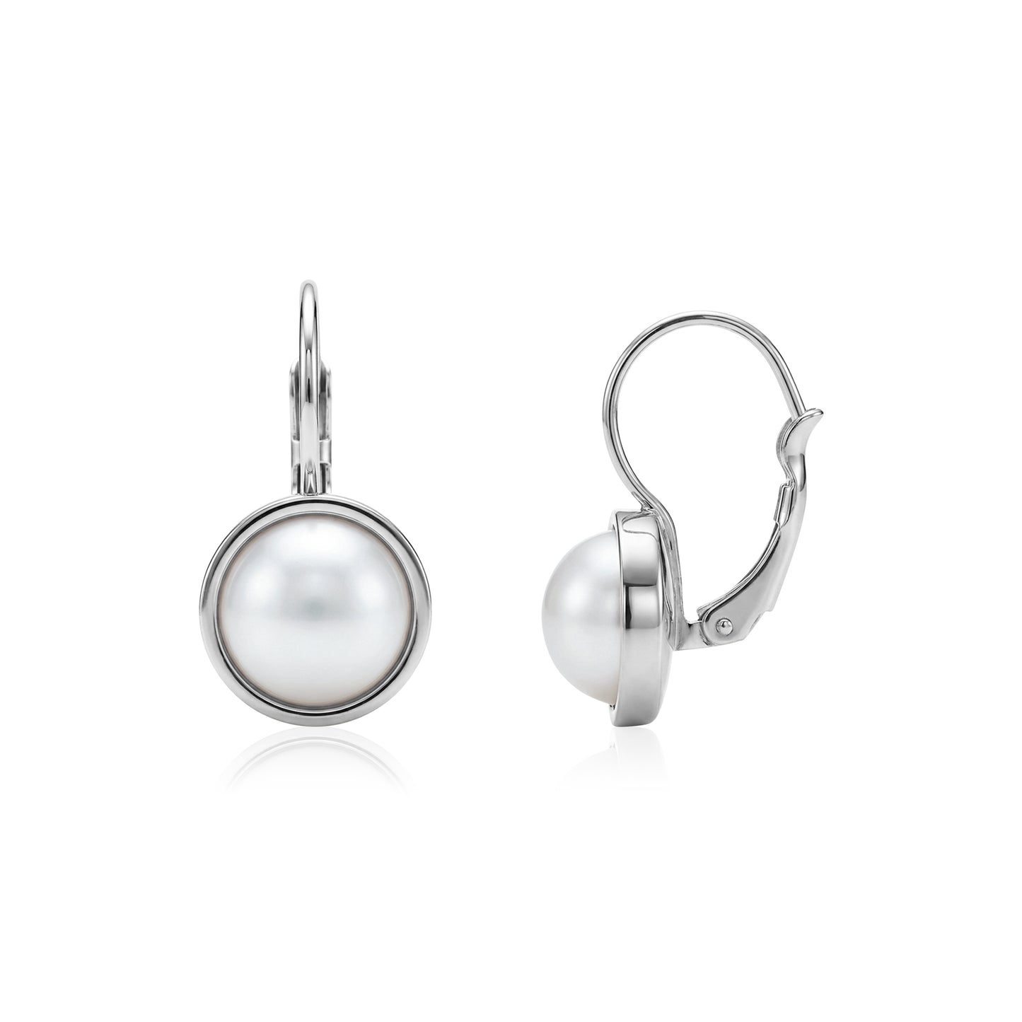 Silver round pearl leverback earrings with 8mm shell pearl, front and side view