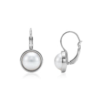 Silver round pearl leverback earrings with 8mm shell pearl, front and side view