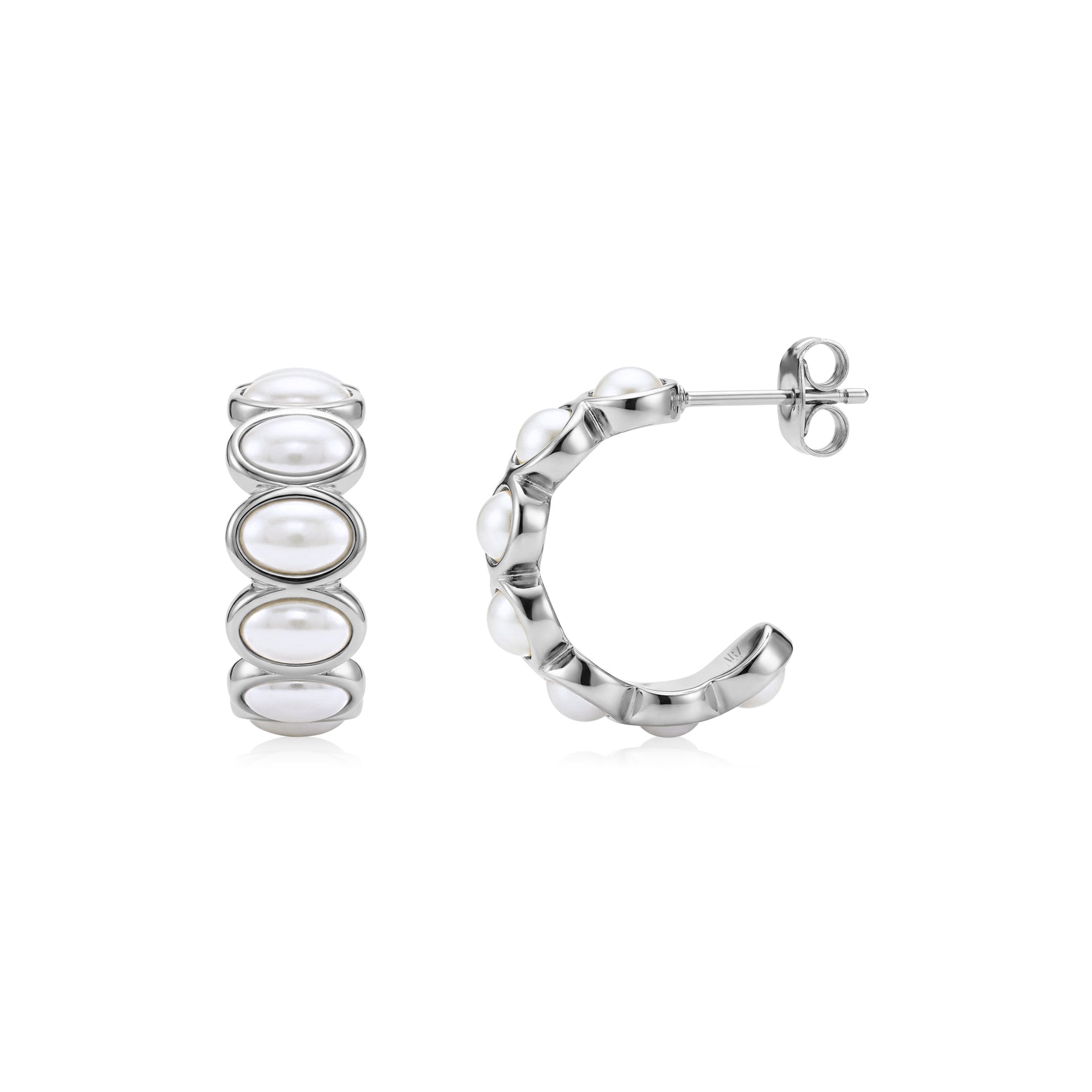 Silver-tone pearl ridge hoop earrings with smooth oval shell pearls set all around the hoop