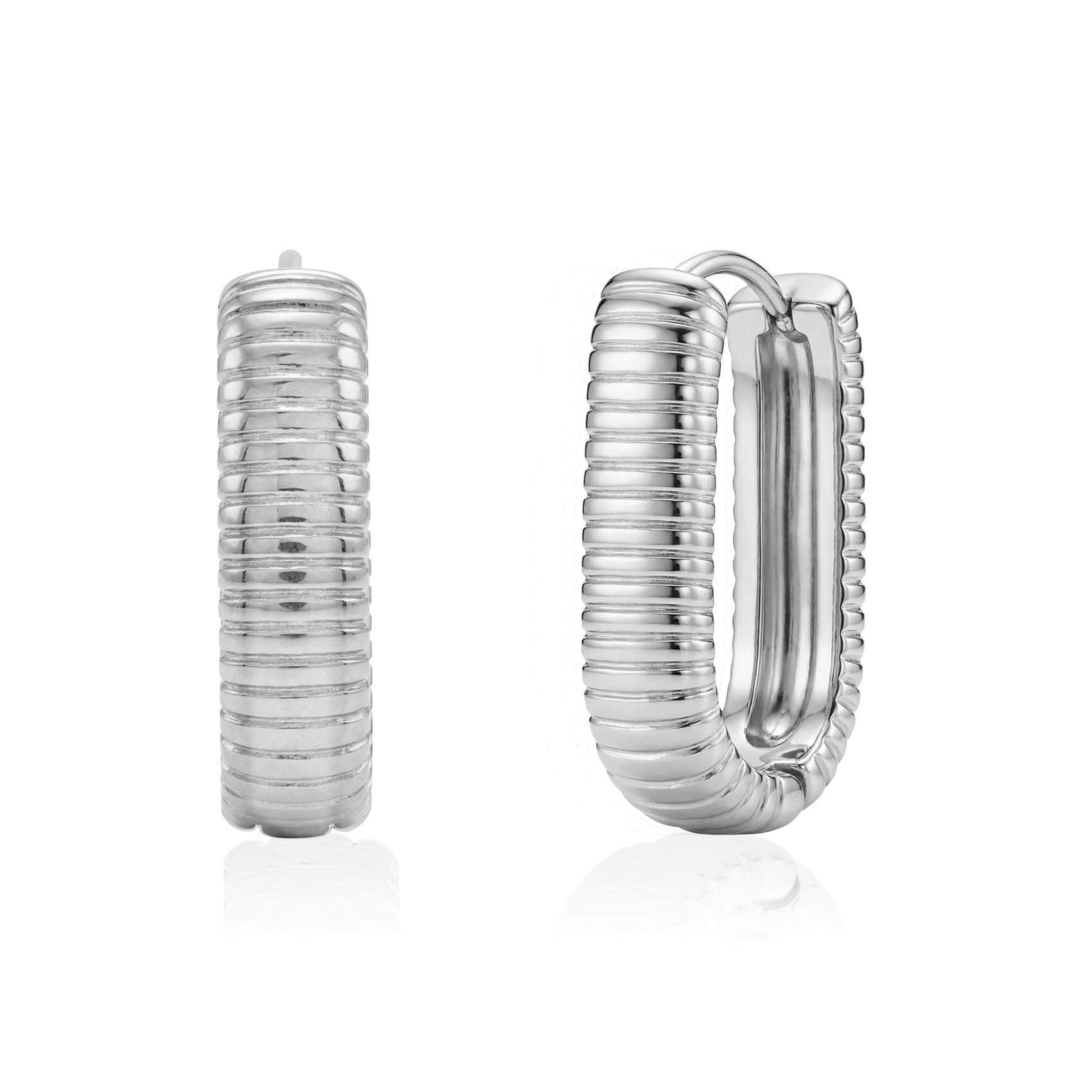 Silver ribbed oval huggie earring front and side view showing 5mm width