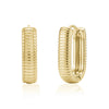 Gold ribbed oval huggie earring front and side view showing 5mm width