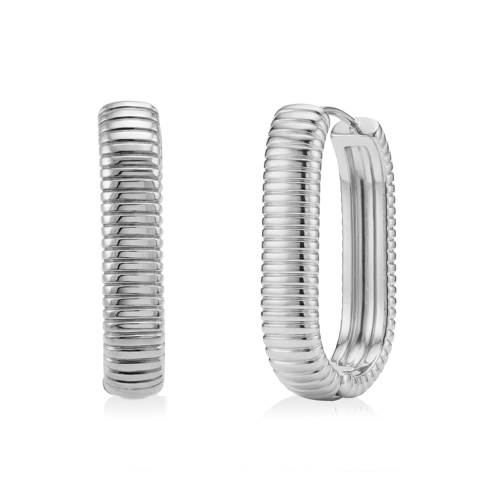 Silver ribbed oval huggie earring front and side view with bright lighting